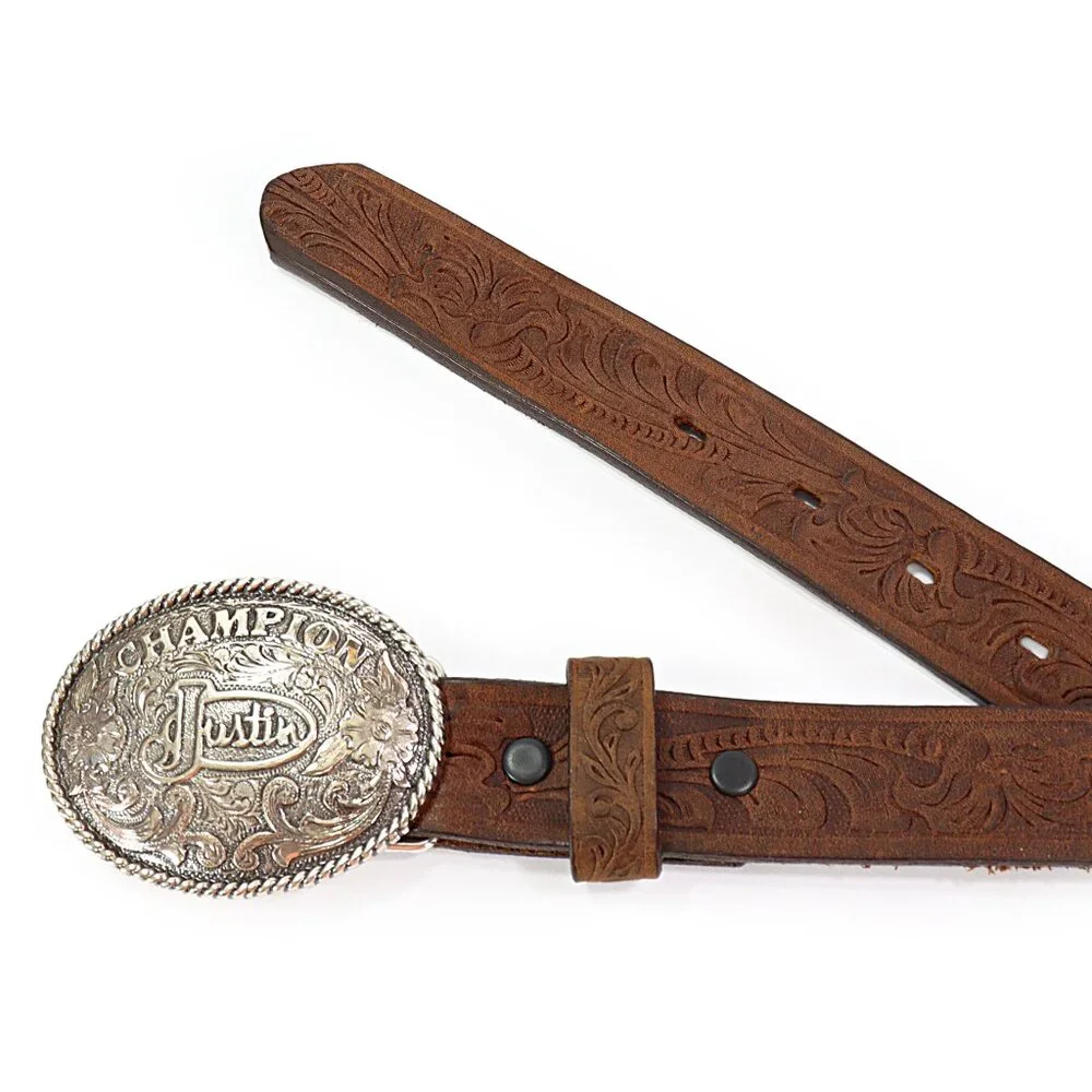 Justin Kids Tooled Western Belt Champion Buckle Brown Cowhide Leather Sz 24 USA